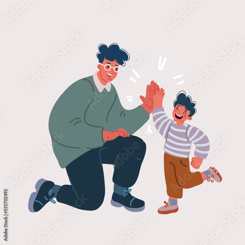 Vector illustration of father and son giving high five gesture. Parenting concept