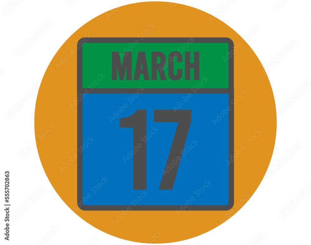 17 March day icon. Vector blue and green calendar page for March appointments and meetings. Design with orange ball and white background 17 March day icon. Vector blue and green calendar page for March appointments and meetings. Design with orange ball and white background
