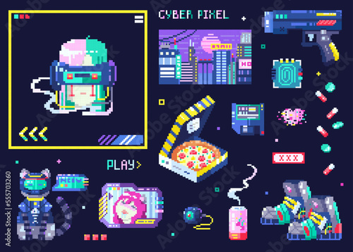 Cute set of cyberpunk pixel art icons. 8bit retro gaming collection. Vector cyborg, pizza, fashion boots, drink, beverage, cat, heart, floppy disk storage, net runner.