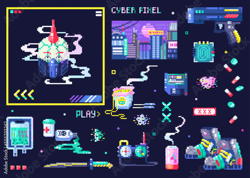 8 bit collection of cyberpunk digital icons. Set of retro futurism concepts like electronics, weapons, fingerprint verification, surveillance, total control, data disk. Pixel art.