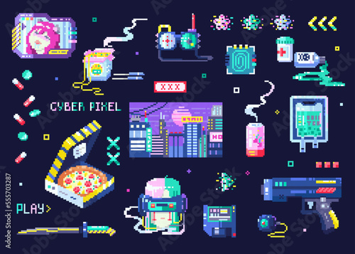 Set of cyberpunk icons. 8bit pixel art cyborg, electronics, food and drinks, cyber girl and cyborg punk. Retro gaming decorative elements. Vector futuristic collection.