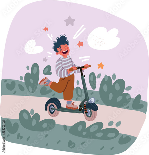 Vector illustration of active boy riding a kick scooter. Outdoor sport and active leisure activities.