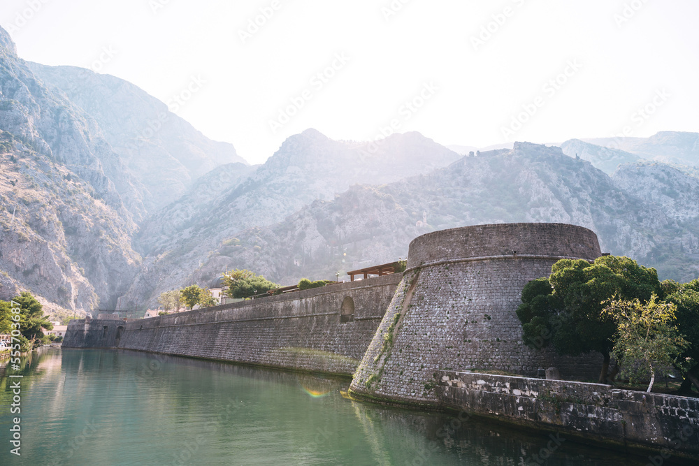 Wall of ancient fortress in Old Town of Kotor, Montenegro