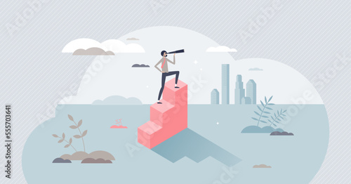 Leadership vision as businessman looking in future for new goals and challenges tiny person concept. Boss searching for business opportunity and targets vector illustration. Inspirational visionary.