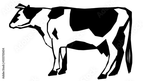 Cow icon logo hand drawn in vector style on white background. Cow illustration in old style 