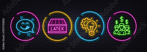 Idea gear, Latex mattress and Yummy smile minimal line icons. Neon laser 3d lights. Salary employees icons. For web, application, printing. Technology process, Sleeping pad, Emoticon. Vector