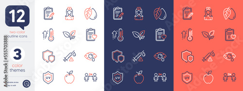 Set of Hospital nurse, Uv protection and Vaccine attention line icons. Include Ð¡onjunctivitis eye, Leaves, Apple icons. Patient history, High thermometer, Social distancing web elements. Vector