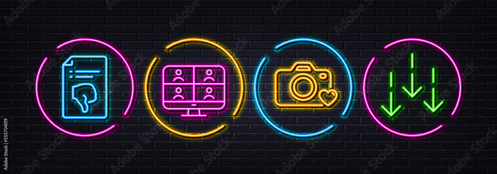 Photo camera, Thumb down and Video conference minimal line icons. Neon laser 3d lights. Scroll down icons. For web, application, printing. Love photos, Decline file, Team training. Vector