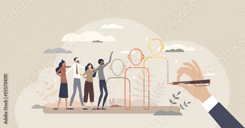 Social connection and business person group communication tiny person concept. Friends, employees and colleagues standing together in unity vector illustration. Solidarity and diversity society scene.