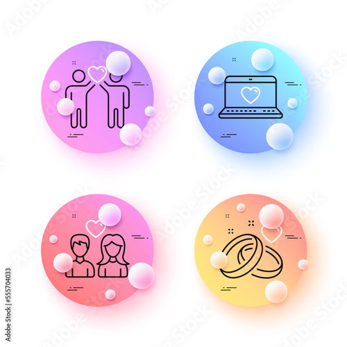 Marriage rings, Friends couple and Couple love minimal line icons. 3d spheres or balls buttons. Web love icons. For web, application, printing. Engagement, Friendship, Social network. Vector