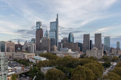 Philadelphia City Center and Business District Skyscrapers. Pennsylvania. Cloudy Blue Sky. Philadelphia Downtown.