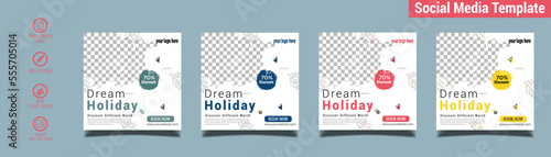 Holiday travel, traveling or summer beach traveling social media post or web banner template design. Tourism business marketing flyer or poster with abstract digital background, logo and icon.