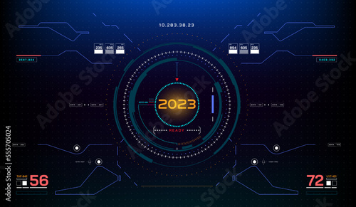 HUD Futuristic Elements 2023 Identification System Scanning Concept. Cyberpunk Abstract Screen Scifi UI Monitoring Panel Display Illustration.