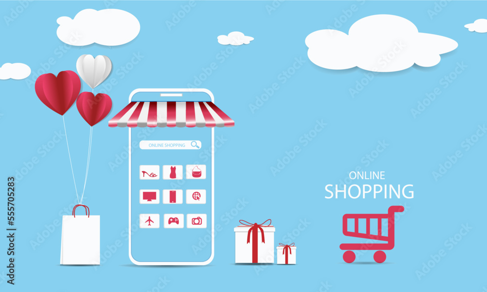 Shopping cart on smartphone for online shopping concept, e-commerce banner design in isometric view, online payment and purchase