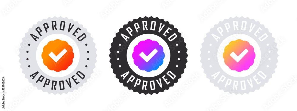 Approval check mark. Confirmation badges. Verification checkbox icons. Vector illustration