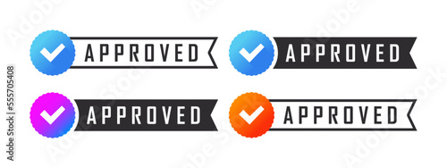 Approved check mark icons. Confirmation badges. Verification checkbox icons. Vector illustration