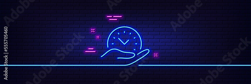 Neon light glow effect. Safe time line icon. Clock sign. Office management symbol. 3d line neon glow icon. Brick wall banner. Safe time outline. Vector