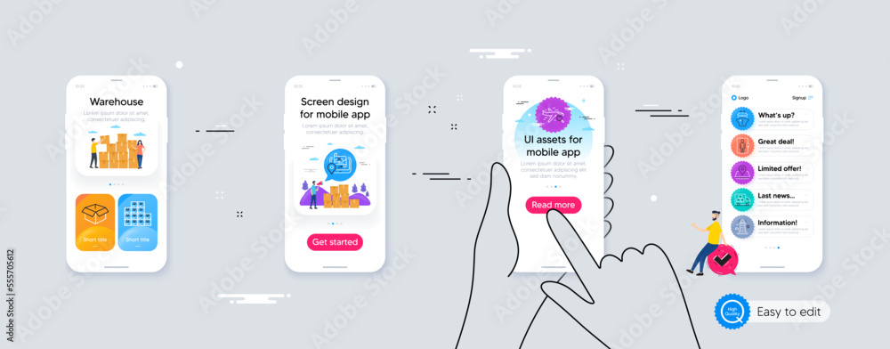 Outline set of Wholesale inventory, Pin and Opened box line icons for web application. Phone ui interface. Include Search flight, Ship, Lighthouse icons. Vector
