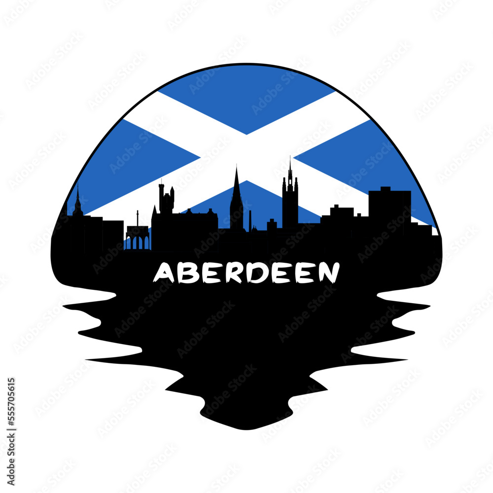 Aberdeen Scotland Flag Skyline Silhouette Retro Vintage Sunset Aberdeen Lover Travel Souvenir Sticker Vector Illustration SVG EPS