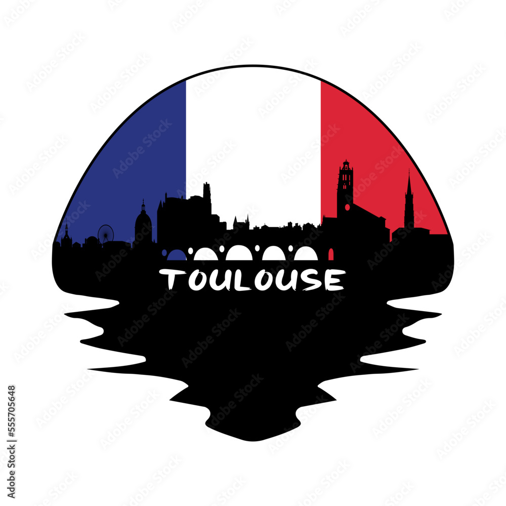 Toulouse France Flag Skyline Silhouette Retro Vintage Sunset Toulouse Lover Travel Souvenir Sticker Vector Illustration SVG EPS