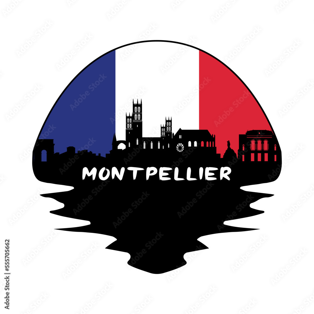 Montpellier France Flag Skyline Silhouette Retro Vintage Sunset Montpellier Lover Travel Souvenir Sticker Vector Illustration SVG EPS