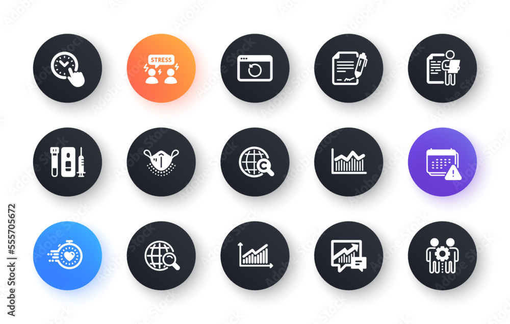Minimal set of Time management, Recovery internet and International Ð¡opyright flat icons for web development. Difficult stress, Timer, Medical mask icons. Internet search, Job interview. Vector