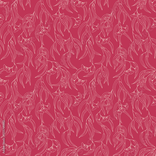 Eucalyptus branches with leaves on magenta background seamless vector pattern, texture, outline, line art