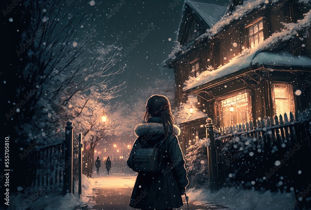 Girl walking near the house for christmas. Generative AI. Girl walking near the house for christmas. Generative AI.