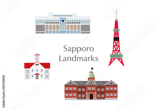北海道 日本 札幌 札幌駅 時計台 テレビ塔 北海道庁旧本庁舎 赤れんが庁舎 アイコン ベクター 旅行 Landmarks of Sapporo JAPAN icons hokkaido