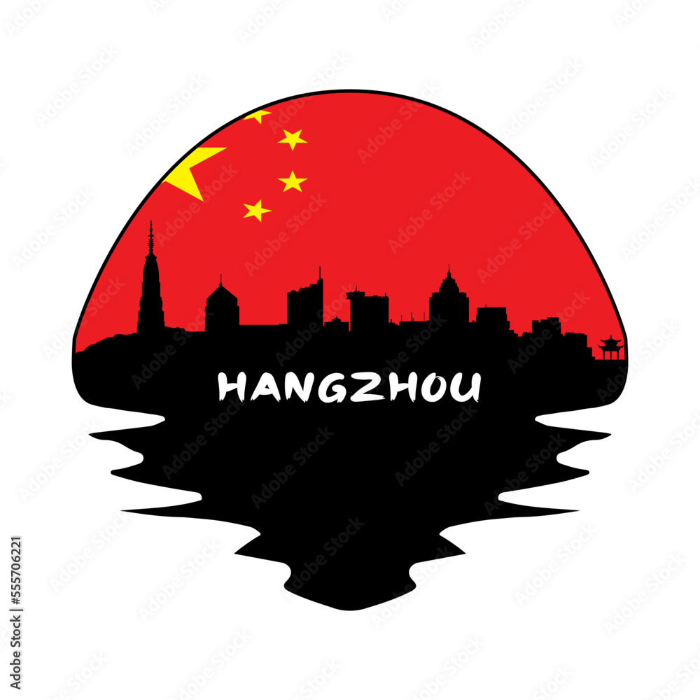 Hangzhou China Flag Skyline Silhouette Retro Vintage Sunset Hangzhou Lover Travel Souvenir Sticker Vector Illustration SVG EPS