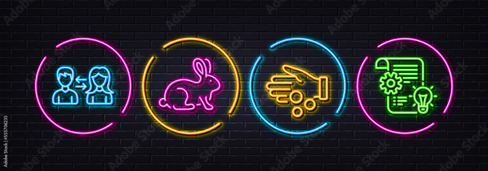 People communication, Donation money and Animal tested minimal line icons. Neon laser 3d lights. Cogwheel icons. For web, application, printing. People talking, Tax money, Bio product. Vector