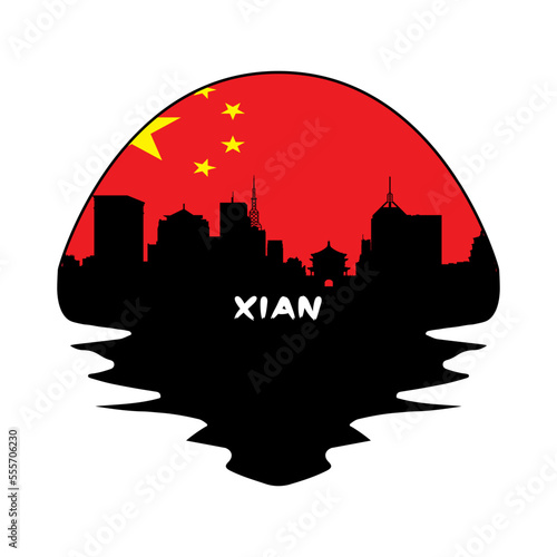Xian China Flag Skyline Silhouette Retro Vintage Sunset Xian Lover Travel Souvenir Sticker Vector Illustration SVG EPS