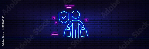 Neon light glow effect. Buyer insurance hand line icon. Risk coverage sign. Shopping protection symbol. 3d line neon glow icon. Brick wall banner. Buyer insurance outline. Vector