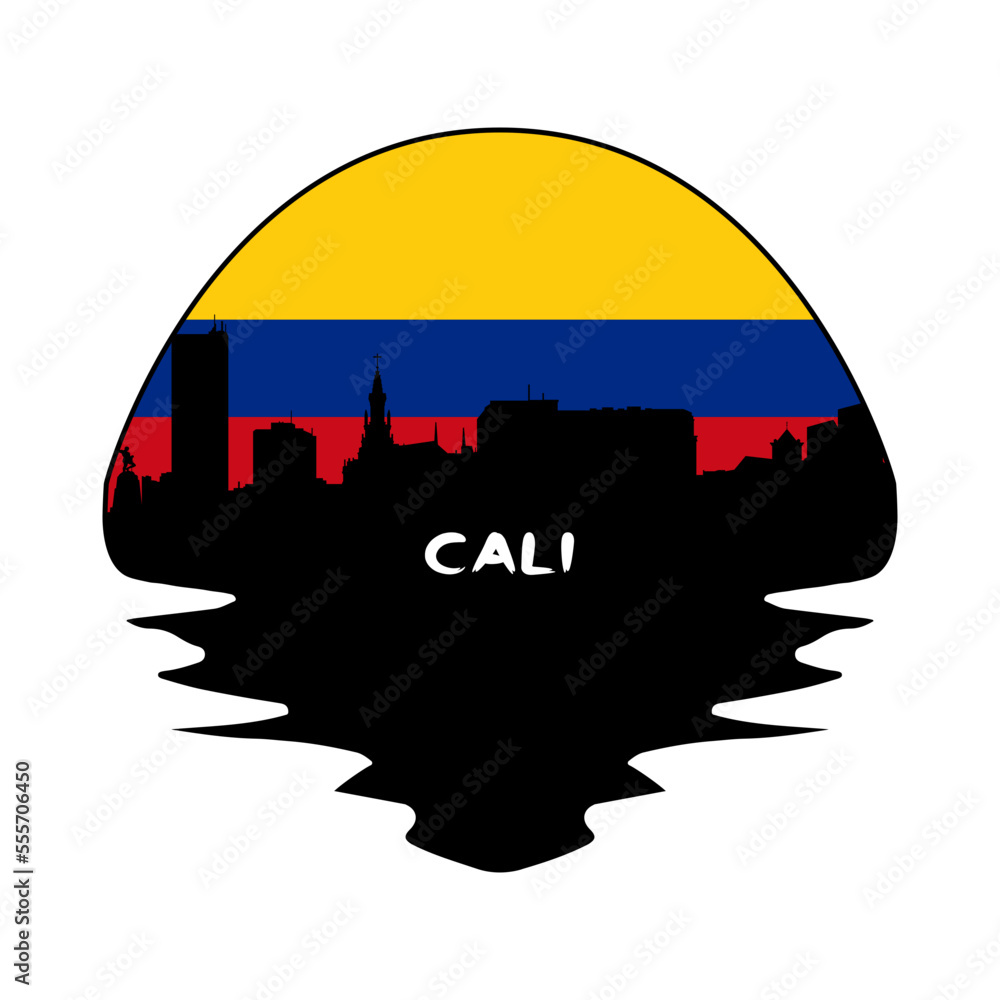 Cali Colombia Flag Skyline Silhouette Retro Vintage Sunset Cali Lover Travel Souvenir Sticker Vector Illustration SVG EPS