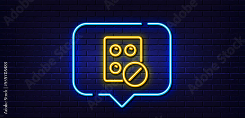 Neon light speech bubble. Medical tablet line icon. Medicine drugs sign. Pharmacy medication symbol. Neon light background. Medical tablet glow line. Brick wall banner. Vector