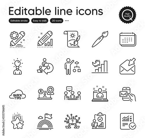 Set of Education outline icons. Contains icons as People chatting, Brush and Best manager elements. Calendar, Checked calculation, Video conference web signs. Edit statistics, Quick tips. Vector