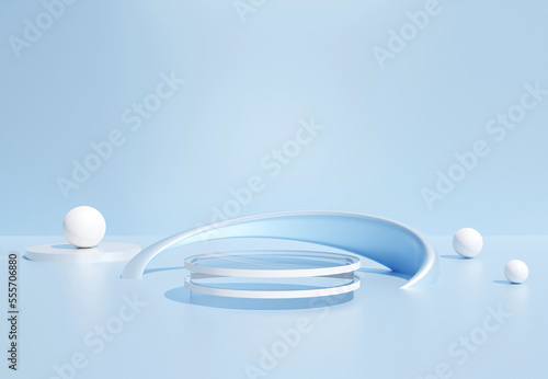 Transparent cylinder podium with decorative objects on blue background. Stand to show products. Stage showcase with copy space. Pedestal display.  3D rendering.