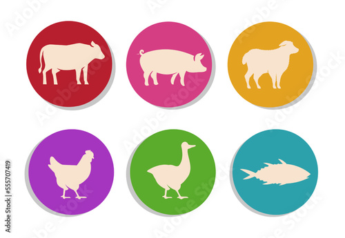 Badges or labels with animal symbols vector illustrations set. Silhouettes of cow, pig, lamb, chicken, duck, fish in colorful circles isolated on white background. Food, farm, agriculture concept