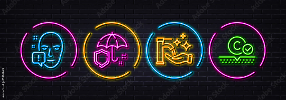 Washing hands, Face attention and Umbrella minimal line icons. Neon laser 3d lights. Collagen skin icons. For web, application, printing. Hygiene care, Exclamation mark, Shield secure. Vector