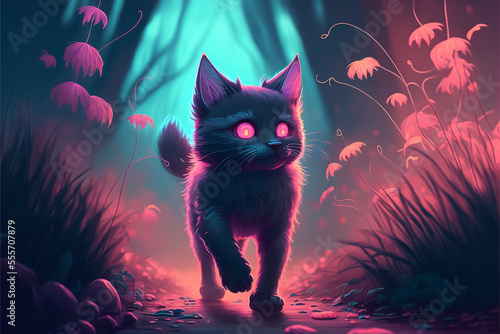 cartoon poster of a cat walking in the woods