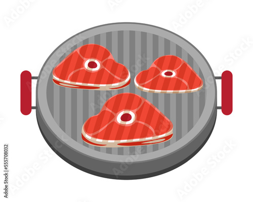 Meat steaks on grill grate vector illustration. Cartoon drawing of pieces of meat for barbeque isolated on white background. Barbecue, food, summer concept