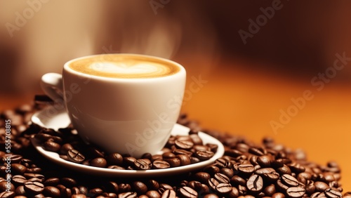 This close-up photograph captures a coffee cup filled with a frothy cappuccino sitting atop a pile of freshly roasted coffee beans. The shallow depth of field brings focus to the cup and beans.