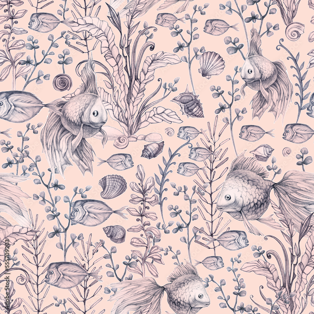 Obraz premium Sea life. Hand drawn fish, algae and shels. Seamless pattern.