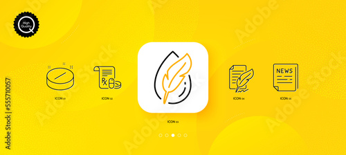 Fake news, Medical prescription and Feather signature minimal line icons. Yellow abstract background. Medical tablet, Hypoallergenic tested icons. For web, application, printing. Vector