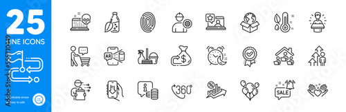 Outline icons set. Household service, Promotion bell and Food delivery icons. Buyer think, Alarm, Work home web elements. Thermometer, Approved award, Online rating signs. Cyber attack. Vector