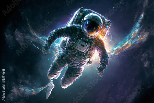 Fototapeta Generative ai astronaut floating zero gravity in outer space.
