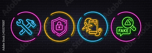 Flights application, Spanner tool and Shield minimal line icons. Neon laser 3d lights. Fake news icons. For web, application, printing. Airport app, Repair, Secure lock. Check wrong fact. Vector