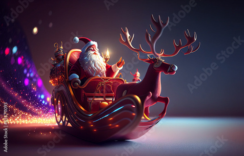 Colourful Surreal Santa Claus driving sleigh with reindeer surounded by colourful presents for lucky childrenGenerative AI Illustration photo