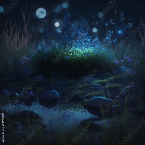 Night fairytale landscape.Dark illustration of meadow after rain in night light.Ai generated.