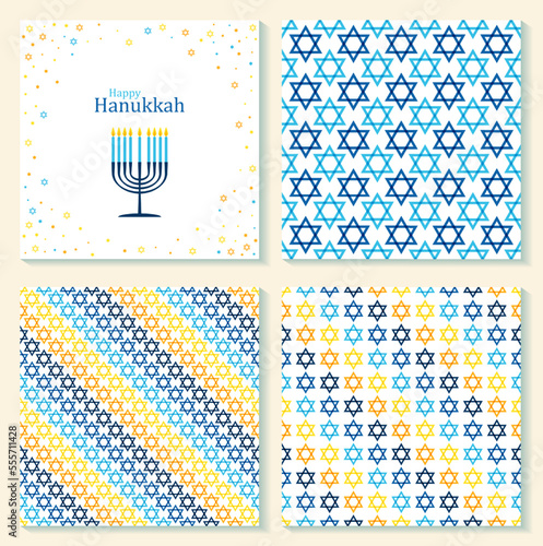Happy Hanukkah card with nine-branched candelabrum Hanukkah menorah and Star of David Jewish symbol.
